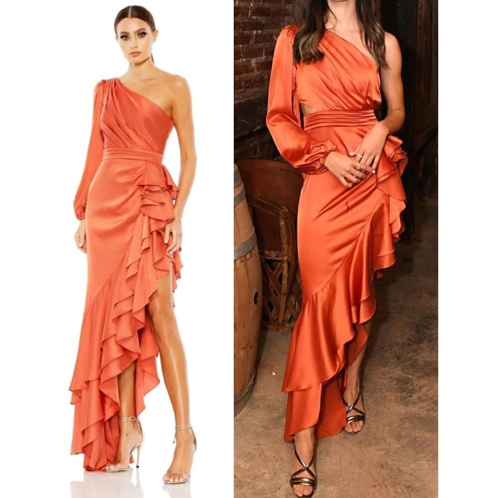 MAC DUGGAL Pleated Cascade Detail One-Shoulder Satin A-Line Gown in Orange US 6
